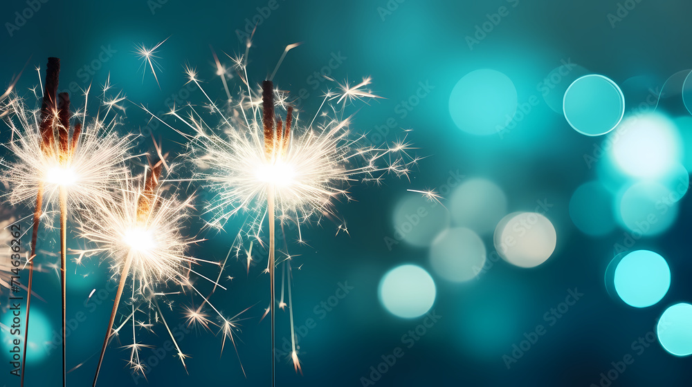 Naklejka premium Happy New Year, burning fireworks with bokeh light background