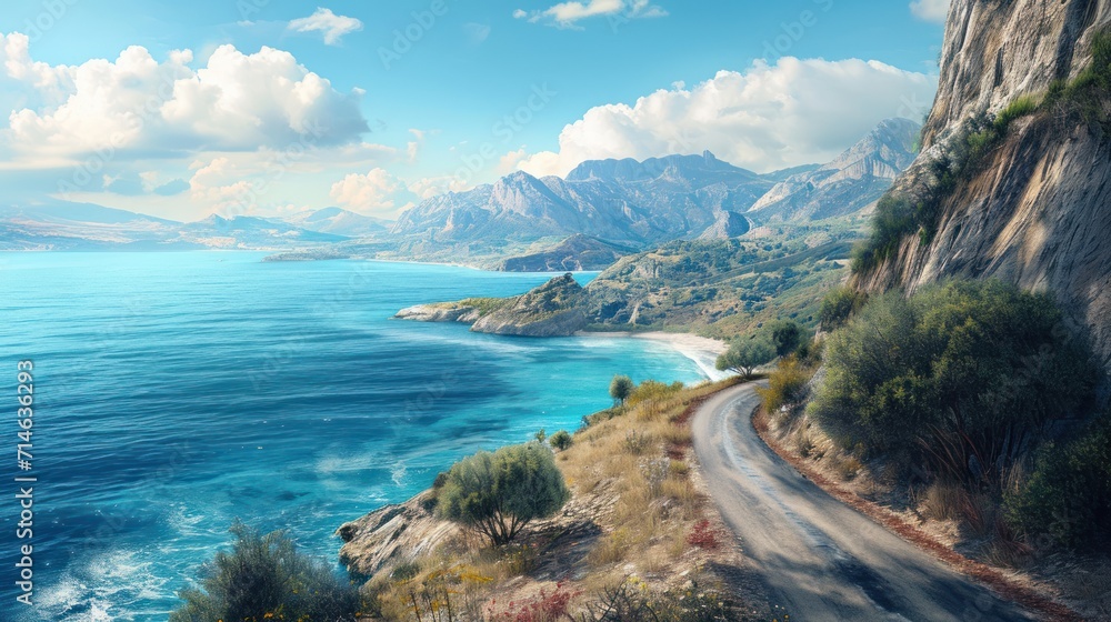 Fototapeta premium a scenic view of the ocean, mountains, and a road on the side of a cliff in the middle of the ocean with a blue sky and white cloud filled with white clouds.