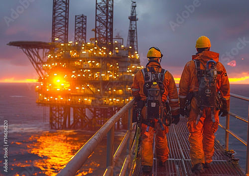 Rough weather north sea drilling production platform and oil and gas industry workers.Macro.AI Generative.