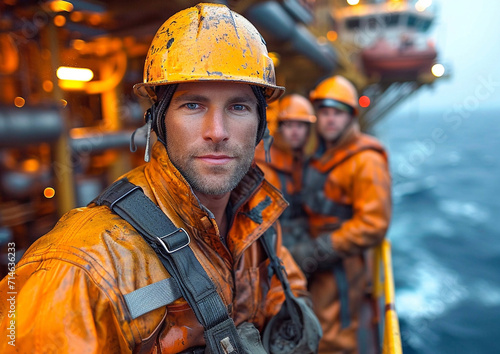 Portrait of oil and gas workers wearing orange helmet on drilling production platform in north sea.Macro.AI Generative.