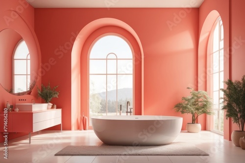 Interior home design of modern bathroom with bathtub and arched window with coral colored wall