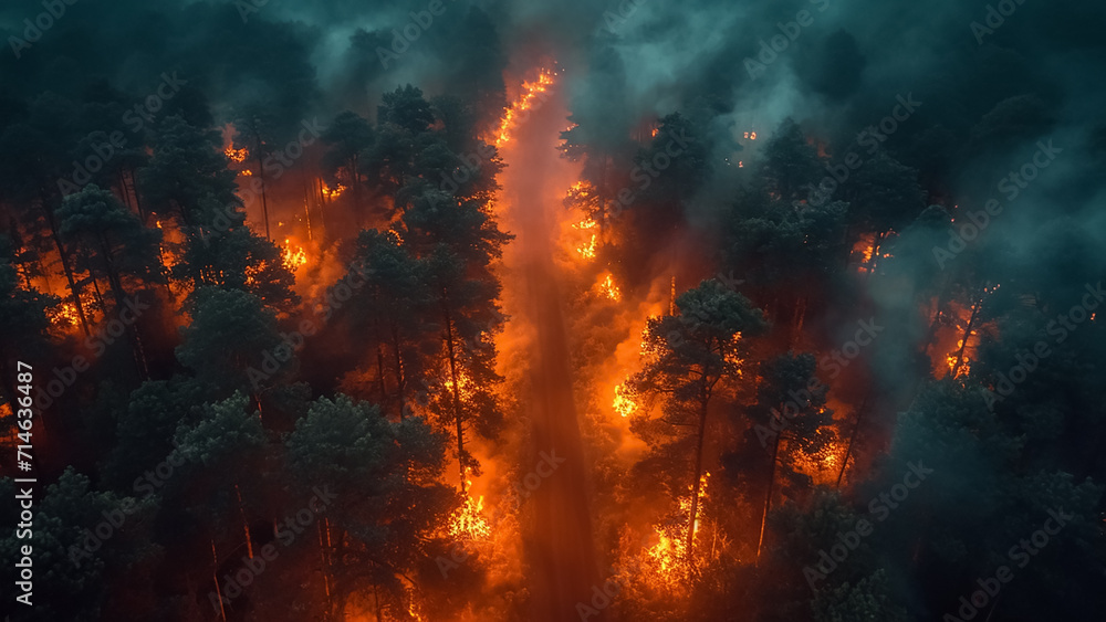 Aerial view of a forest fire in the smoke