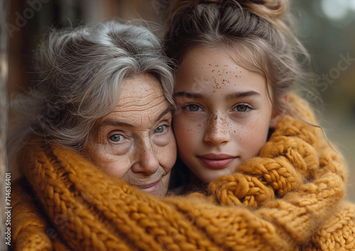 Beautiful caring portrait of granddaughter and grandmother showing love and care between different generations cincept.Macro.AI Generative. photo