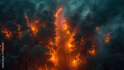 Aerial view of a forest fire in the smoke © Viktoriia