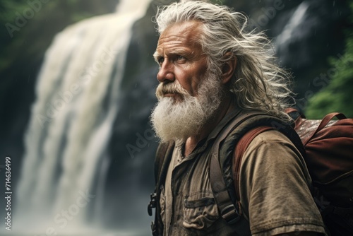a old man with long gray hair in a vest with a backpack against the backdrop of a waterfall. active old age, travel. vacation