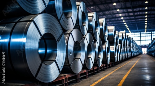 Large rolls of galvanized sheet steel coils stored in the factory warehouse industrial setting