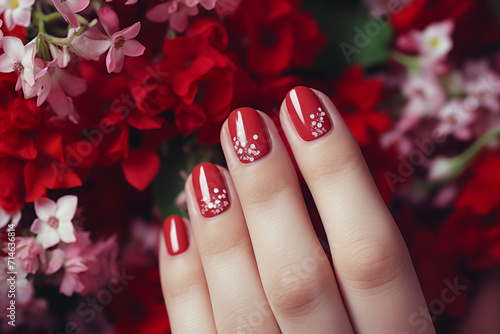 Valentine's Day red manicure on background of rose flowers