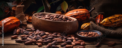 Cocoa beans in bowl with cocoa pods on wooden table. photo