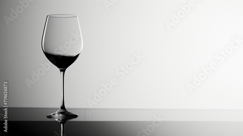  a wine glass sitting on a table with a reflection of the wine glass on the table and the wine glass in the foreground with a white wall in the background.