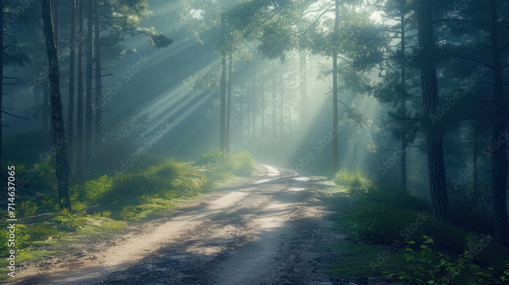 Naklejka premium a dirt road in the middle of a forest with sunbeams shining through the trees on either side of the road is a dirt road with green grass and trees on both sides.