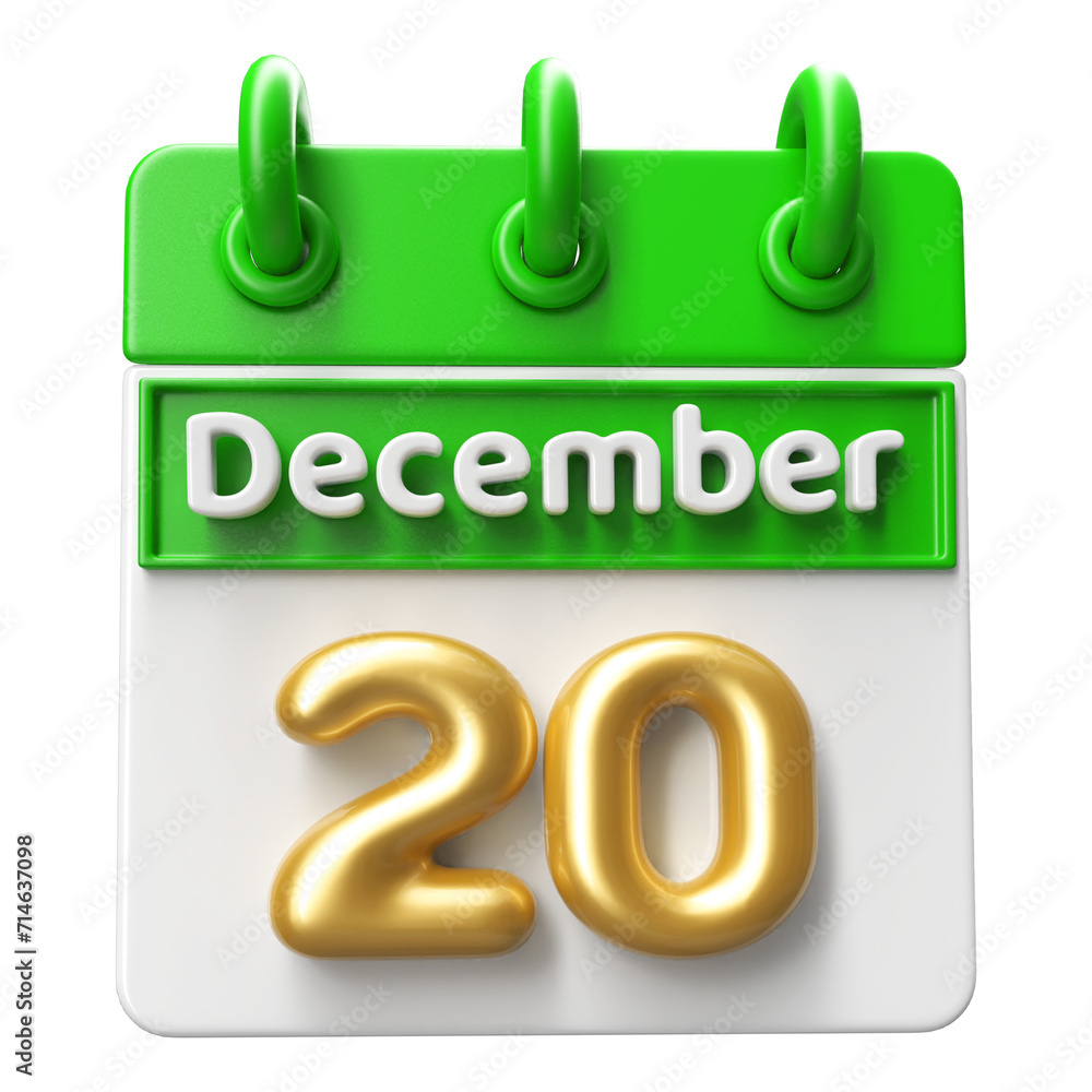 20th December Calendar Icon 3D Render 20th December Calendar Icon 3D Render