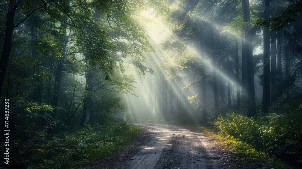 Obraz premium a dirt road in the middle of a forest with beams of light coming from the trees on either side of the road and on the other side of the road.