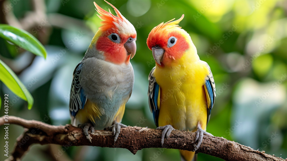 View of two Beautiful colorful birds cockatiel full body View of two Beautiful colorful birds cockatiel full body
