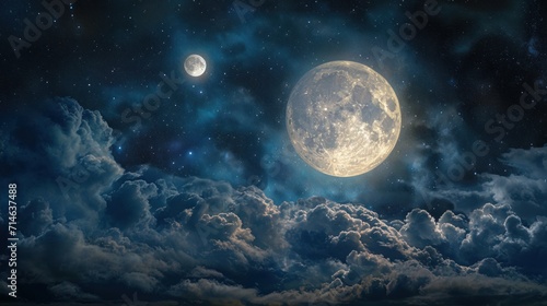  a view of a full moon in the sky with clouds and stars in the night sky with clouds and stars in the night sky with clouds and stars in the night sky.