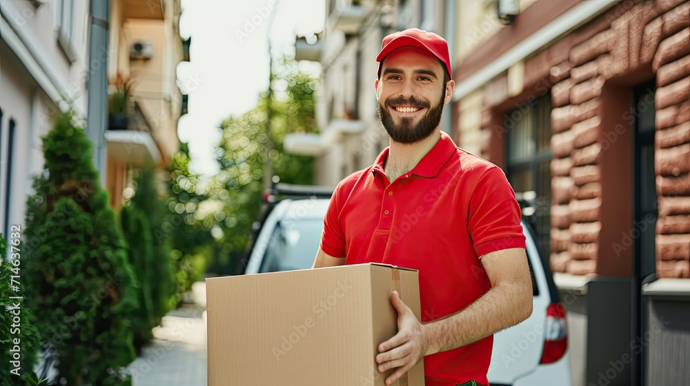 Delivery courier service. Delivery man in red cap and uniform holding a cardboard box near a delivery truck delivering to the customer home. Smiling man postal delivery man delivering a package. Delivery courier service. Delivery man in red cap and uniform holding a cardboard box near a delivery truck delivering to the customer home. Smiling man postal delivery man delivering a package.