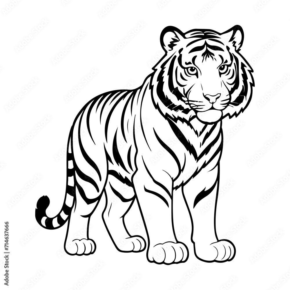 Line Art Illustration of a Tiger in Black and White Line Art Illustration of a Tiger in Black and White