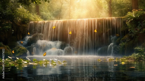 classic wooden dam in a river with waterfall. Primary forest in the background with some butterflies. Copy space. 