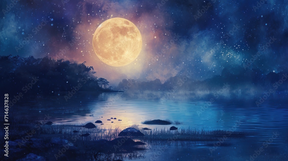 a painting of a full moon rising over a body of water with rocks in the foreground and a body of water in the foreground with rocks in the foreground. a painting of a full moon rising over a body of water with rocks in the foreground and a body of water in the foreground with rocks in the foreground.