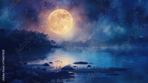  a painting of a full moon rising over a body of water with rocks in the foreground and a body of water in the foreground with rocks in the foreground.