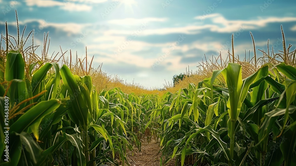 Fototapeta premium scenic view on the field of corn. high grass plants and crops. blue sky in the background. Focus. Macro. wallpaper.