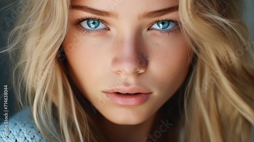 lose up portrait of young blonde with blue eyes with freckles. Portrait of girl with natural makeup photo