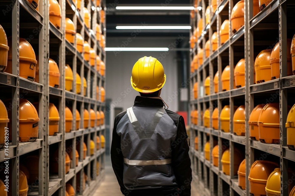Worker wears a protective helmet in a storage facility. Generative AI - obrazy, fototapety, plakaty 