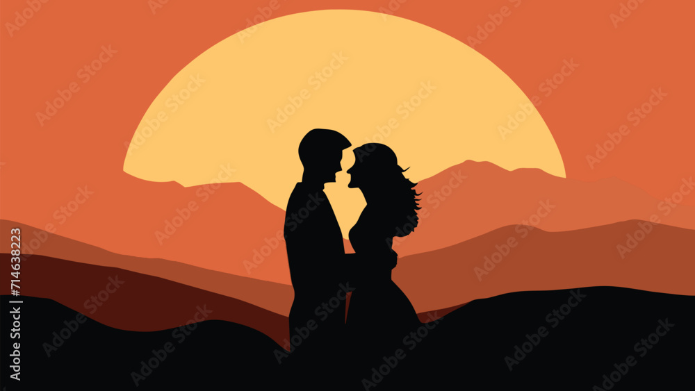 silhouette of romantic Couple in love holding hand together during sunset with mountain background. Valentine's day or Wedding concept