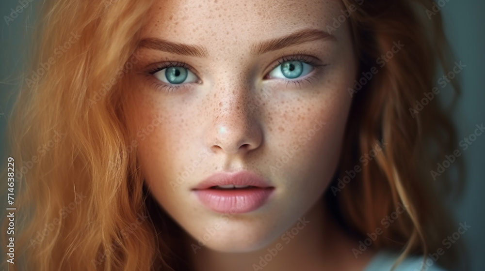 lose up portrait of young blonde with blue eyes with freckles. Portrait of girl with natural makeup lose up portrait of young blonde with blue eyes with freckles. Portrait of girl with natural makeup