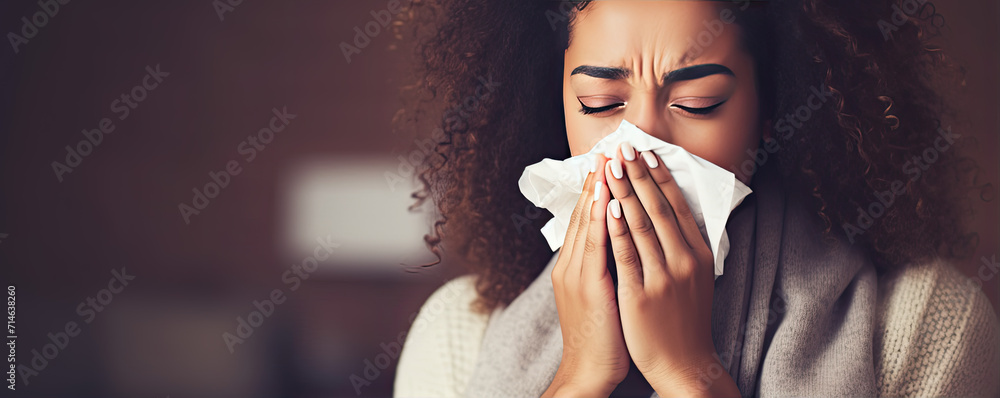Sick woman with flu or allergic symptoms coughing at home. blowing nose detail. - obrazy, fototapety, plakaty 