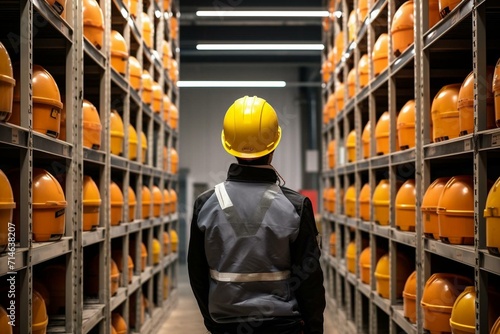 Worker wears a protective helmet in a storage facility. Generative AI photo