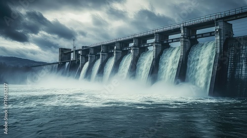 The massive dam stood tall, holding back the powerful force of the rushing river, creating a serene reservoir behind it, abstract photography, 2K, high resolution.