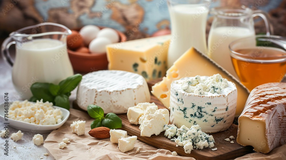 various dairy products, milk and cheese. Close up on a wooden background various dairy products, milk and cheese. Close up on a wooden background