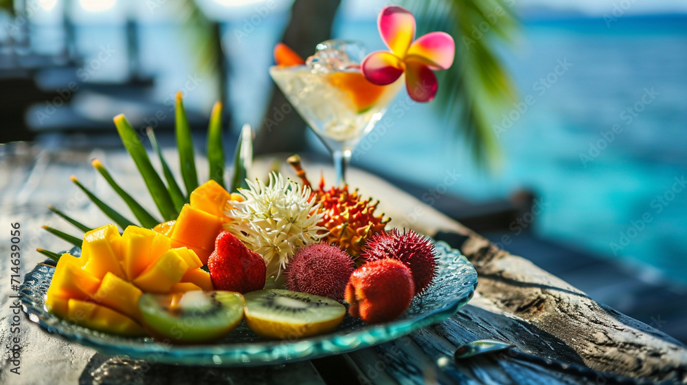 tropical fruits on mango kiwi papaya ocean background - obrazy, fototapety, plakaty 