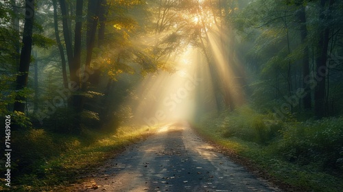  a road in the middle of a forest with the sun shining through the trees on the other side of the road and the sun shining through the trees on the other side of the road.