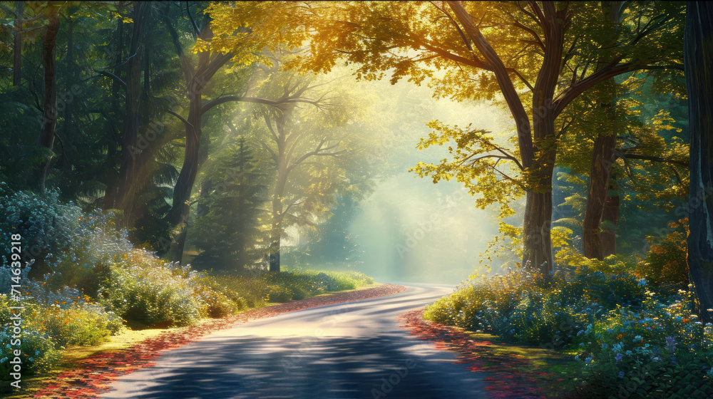 Obraz premium a painting of a road in the middle of a forest with sunbeams and trees on both sides of the road, with the sun shining through the trees on the other side of the road.