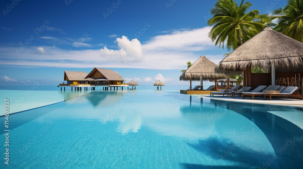 Landscape pool and bungalow over the water on a luxurious beach. Exotic vacation.