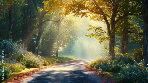  a painting of a road in the middle of a forest with sunbeams and trees on both sides of the road, with the sun shining through the trees on the other side of the road.
