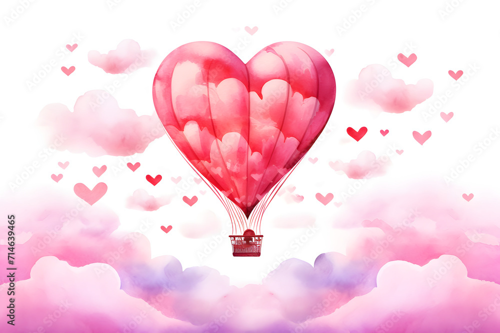 Heart shape hot air balloon in watercolor style. Valentine's Day background.