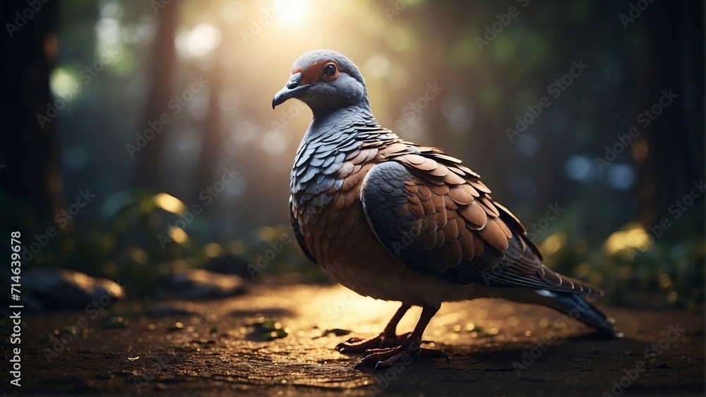 Obraz premium Pigeon walking on the road in the forest at sunrise.