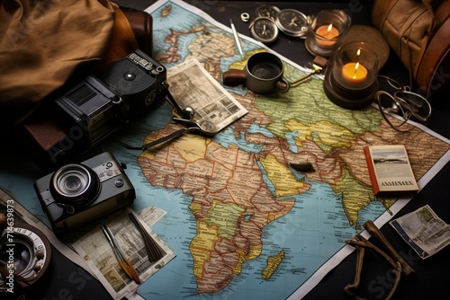 An assortment of vintage travel items, including cameras, a map, a leather bag, and a journal, artfully arranged to inspire adventure and discovery.