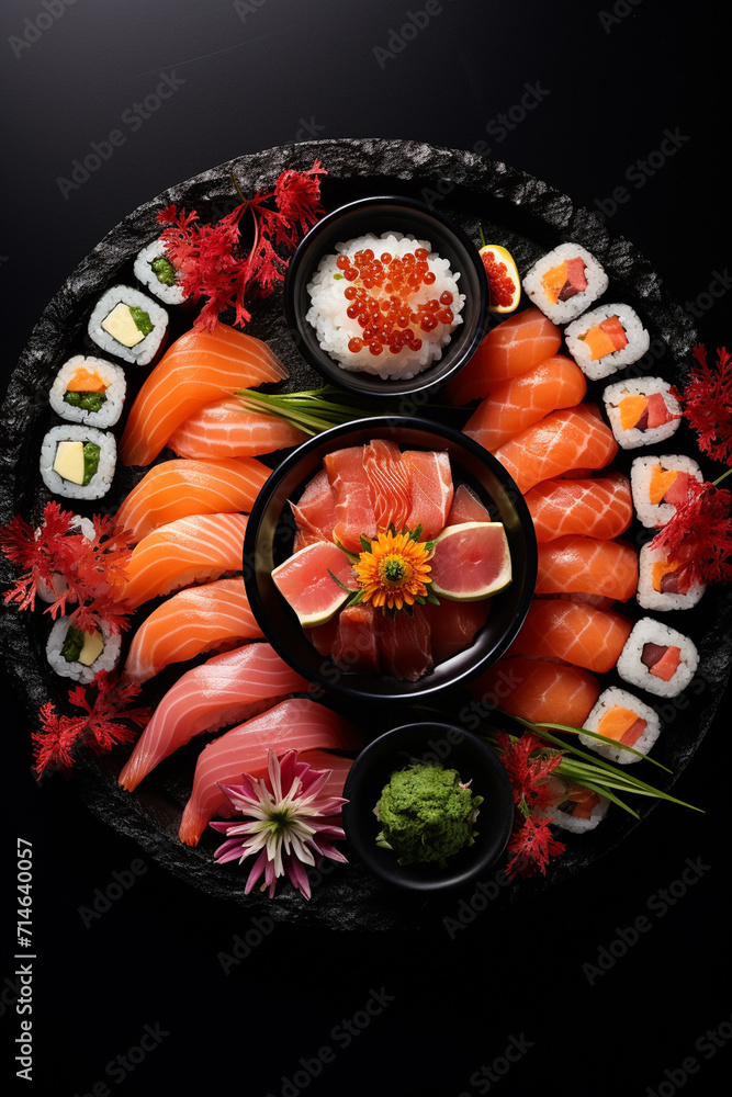 Sushi roll on dark background. Japanese and asian food concept