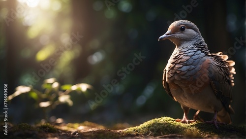 Pigeon standing on the moss in the forest with sunlight. photo