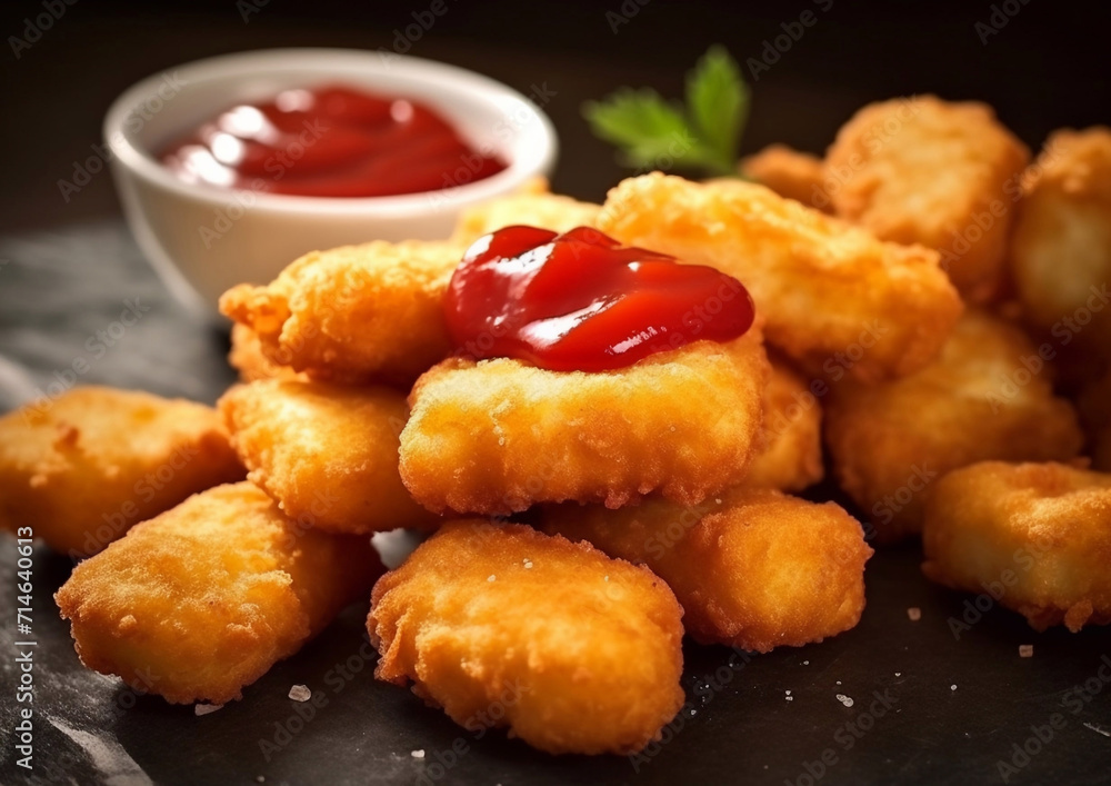 Crunchy organic chicken nuggets with ketchup on dark background.Macro.AI Generative. Crunchy organic chicken nuggets with ketchup on dark background.Macro.AI Generative.