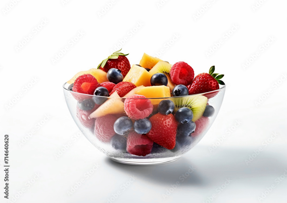 Glass bowl with high fiber fruit salad with kiwi and strawberry with mango and blueberry on white.Macro.AI Generative.
