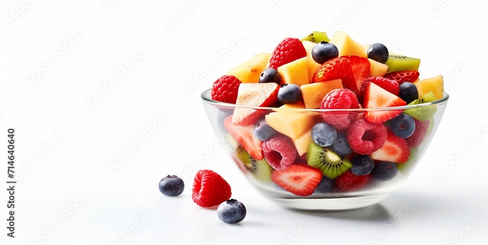 Glass bowl with high fiber fruit salad with kiwi and strawberry with mango and blueberry on white.Macro.AI Generative.