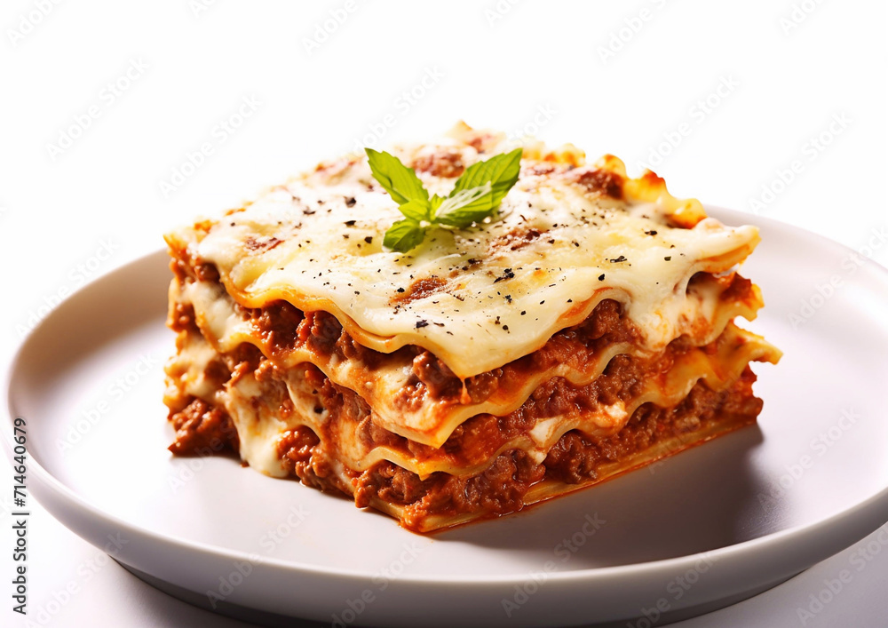 Slice of fresh tasty lasagna with beef and cheese on plate.Macro.AI Generative. Slice of fresh tasty lasagna with beef and cheese on plate.Macro.AI Generative.