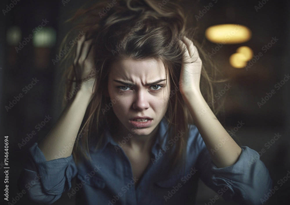 Young woman holding her head with hands under big stress and migrane.Macro.AI Generative. Young woman holding her head with hands under big stress and migrane.Macro.AI Generative.