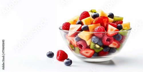 Glass bowl with high fiber fruit salad with kiwi and strawberry with mango and blueberry on white.Macro.AI Generative. © DenisMArt