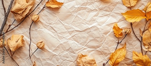 Close-up autumn concept with crumpled craft paper  willow branches  dry yellow leaves  and text space.