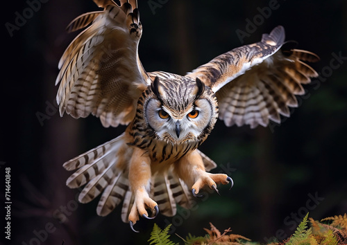 Brown owl flying and hunting in forest.Macro.AI Generative. © DenisMArt